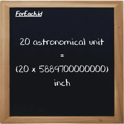 How to convert astronomical unit to inch: 20 astronomical unit (au) is equivalent to 20 times 5889700000000 inch (in)
