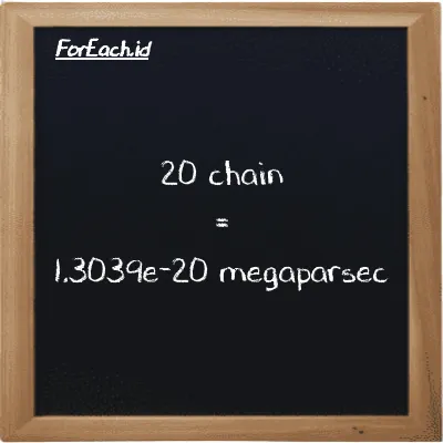 20 chain is equivalent to 1.3039e-20 megaparsec (20 ch is equivalent to 1.3039e-20 Mpc)