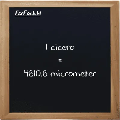 1 cicero is equivalent to 4810.8 micrometer (1 ccr is equivalent to 4810.8 µm)