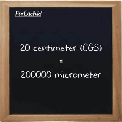 20 centimeter is equivalent to 200000 micrometer (20 cm is equivalent to 200000 µm)