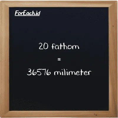 20 fathom is equivalent to 36576 millimeter (20 ft is equivalent to 36576 mm)