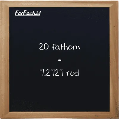 20 fathom is equivalent to 7.2727 rod (20 ft is equivalent to 7.2727 rd)