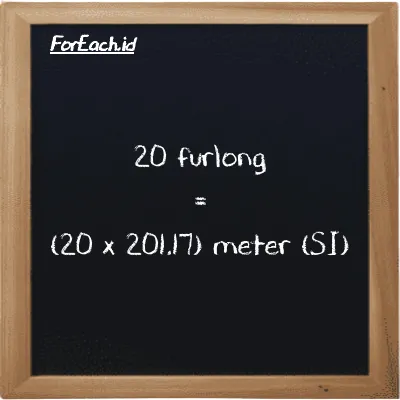 How to convert furlong to meter: 20 furlong (fur) is equivalent to 20 times 201.17 meter (m)