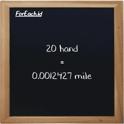 20 hand is equivalent to 0.0012427 mile (20 h is equivalent to 0.0012427 mi)