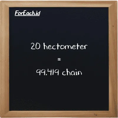20 hectometer is equivalent to 99.419 chain (20 hm is equivalent to 99.419 ch)
