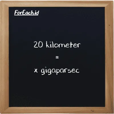 Example kilometer to gigaparsec conversion (20 km to Gpc)