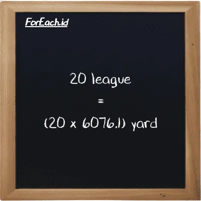 How to convert league to yard: 20 league (lg) is equivalent to 20 times 6076.1 yard (yd)