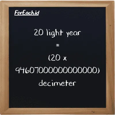 How to convert light year to decimeter: 20 light year (ly) is equivalent to 20 times 94607000000000000 decimeter (dm)