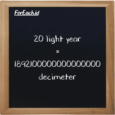 20 light year is equivalent to 1892100000000000000 decimeter (20 ly is equivalent to 1892100000000000000 dm)