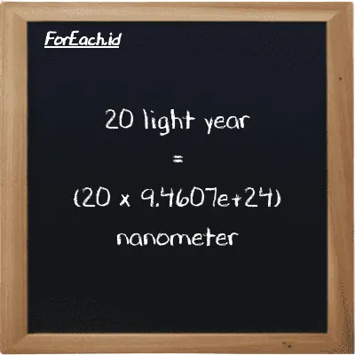 How to convert light year to nanometer: 20 light year (ly) is equivalent to 20 times 9.4607e+24 nanometer (nm)