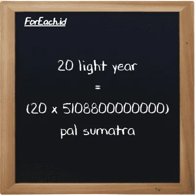 How to convert light year to pal sumatra: 20 light year (ly) is equivalent to 20 times 5108800000000 pal sumatra (ps)