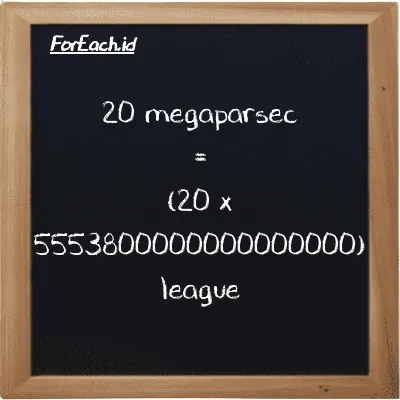 How to convert megaparsec to league: 20 megaparsec (Mpc) is equivalent to 20 times 5553800000000000000 league (lg)