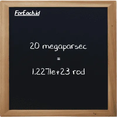 20 megaparsec is equivalent to 1.2271e+23 rod (20 Mpc is equivalent to 1.2271e+23 rd)