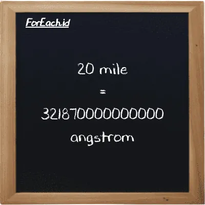 20 mile is equivalent to 321870000000000 angstrom (20 mi is equivalent to 321870000000000 Å)