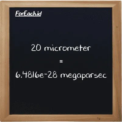 20 micrometer is equivalent to 6.4816e-28 megaparsec (20 µm is equivalent to 6.4816e-28 Mpc)