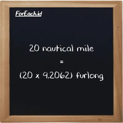 How to convert nautical mile to furlong: 20 nautical mile (nmi) is equivalent to 20 times 9.2062 furlong (fur)