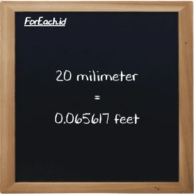 20 millimeter is equivalent to 0.065617 feet (20 mm is equivalent to 0.065617 ft)