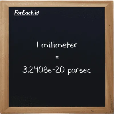 1 millimeter is equivalent to 3.2408e-20 parsec (1 mm is equivalent to 3.2408e-20 pc)