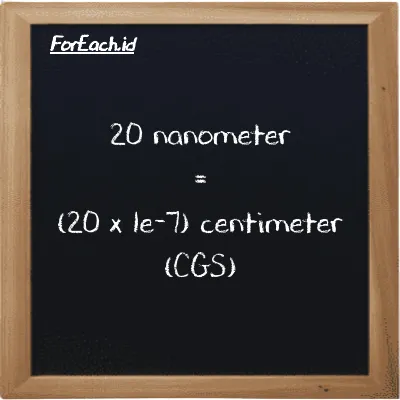 How to convert nanometer to centimeter: 20 nanometer (nm) is equivalent to 20 times 1e-7 centimeter (cm)