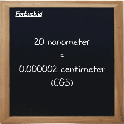20 nanometer is equivalent to 0.000002 centimeter (20 nm is equivalent to 0.000002 cm)