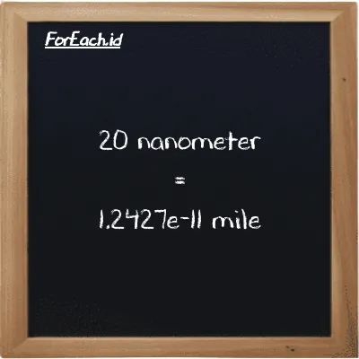 20 nanometer is equivalent to 1.2427e-11 mile (20 nm is equivalent to 1.2427e-11 mi)