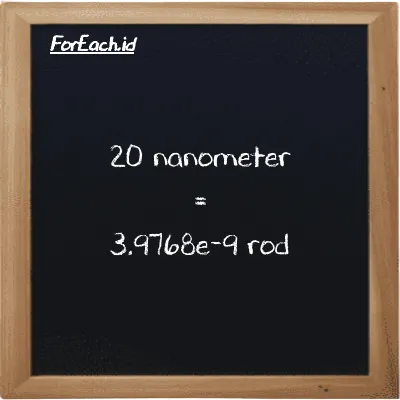20 nanometer is equivalent to 3.9768e-9 rod (20 nm is equivalent to 3.9768e-9 rd)