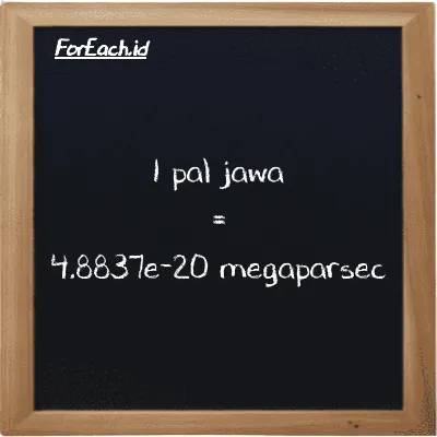 1 pal jawa is equivalent to 4.8837e-20 megaparsec (1 pj is equivalent to 4.8837e-20 Mpc)