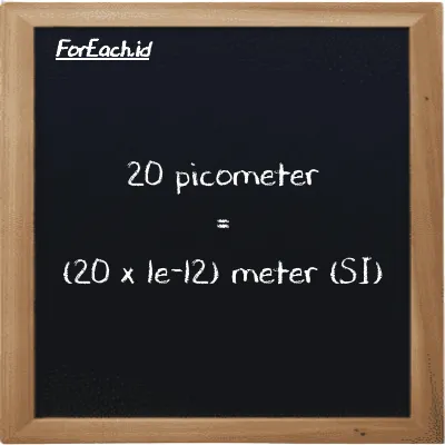 How to convert picometer to meter: 20 picometer (pm) is equivalent to 20 times 1e-12 meter (m)