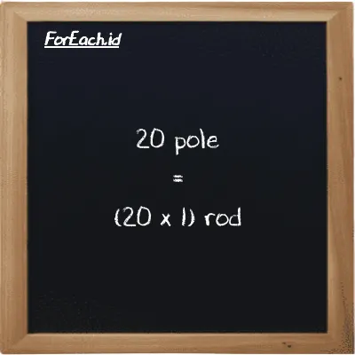 How to convert pole to rod: 20 pole (pl) is equivalent to 20 times 1 rod (rd)