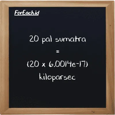How to convert pal sumatra to kiloparsec: 20 pal sumatra (ps) is equivalent to 20 times 6.0014e-17 kiloparsec (kpc)