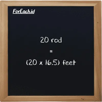 How to convert rod to feet: 20 rod (rd) is equivalent to 20 times 16.5 feet (ft)