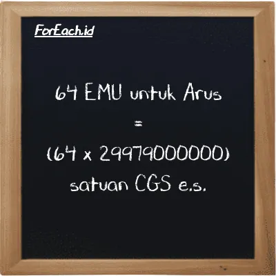 Cara konversi EMU untuk Arus ke satuan CGS e.s. (emu ke cgs-esu): 64 EMU untuk Arus (emu) setara dengan 64 dikalikan dengan 29979000000 satuan CGS e.s. (cgs-esu)