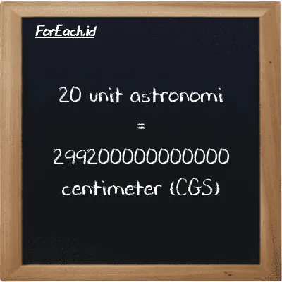 20 unit astronomi setara dengan 299200000000000 centimeter (20 au setara dengan 299200000000000 cm)