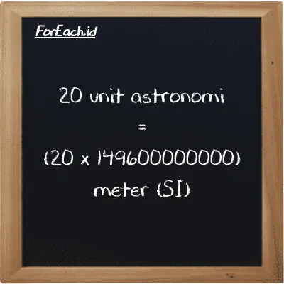 Cara konversi unit astronomi ke meter (au ke m): 20 unit astronomi (au) setara dengan 20 dikalikan dengan 149600000000 meter (m)