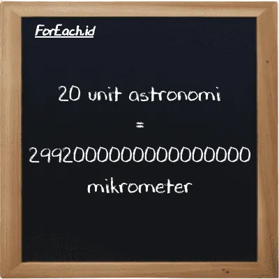 20 unit astronomi setara dengan 2992000000000000000 mikrometer (20 au setara dengan 2992000000000000000 µm)