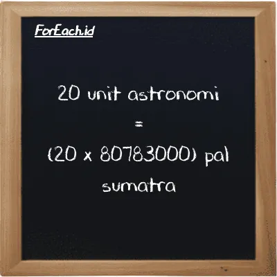 Cara konversi unit astronomi ke pal sumatra (au ke ps): 20 unit astronomi (au) setara dengan 20 dikalikan dengan 80783000 pal sumatra (ps)