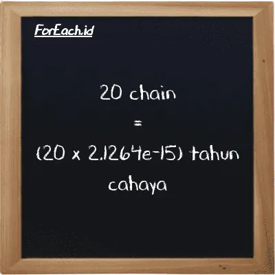 Cara konversi chain ke tahun cahaya (ch ke ly): 20 chain (ch) setara dengan 20 dikalikan dengan 2.1264e-15 tahun cahaya (ly)