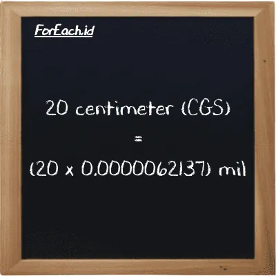 Cara konversi centimeter ke mil (cm ke mi): 20 centimeter (cm) setara dengan 20 dikalikan dengan 0.0000062137 mil (mi)