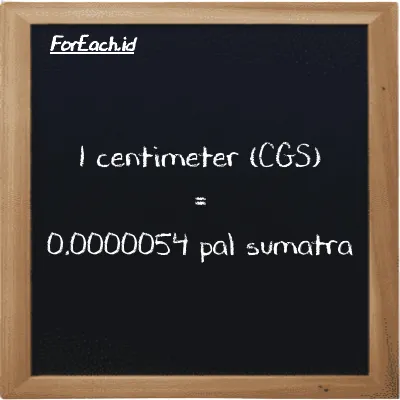 1 centimeter setara dengan 0.0000054 pal sumatra (1 cm setara dengan 0.0000054 ps)