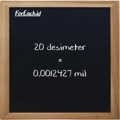 20 desimeter setara dengan 0.0012427 mil (20 dm setara dengan 0.0012427 mi)