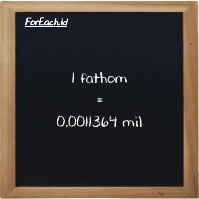 1 fathom setara dengan 0.0011364 mil (1 ft setara dengan 0.0011364 mi)