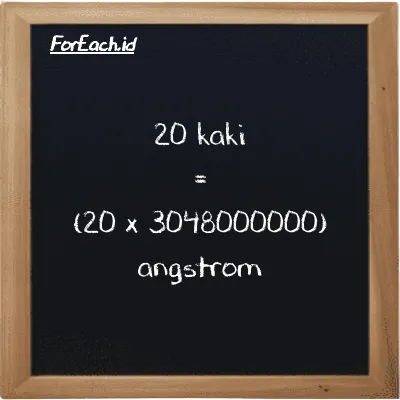 Cara konversi kaki ke angstrom (ft ke Å): 20 kaki (ft) setara dengan 20 dikalikan dengan 3048000000 angstrom (Å)