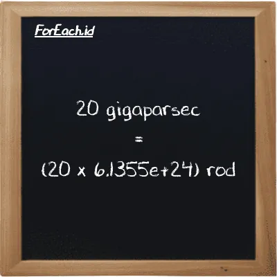 Cara konversi gigaparsec ke rod (Gpc ke rd): 20 gigaparsec (Gpc) setara dengan 20 dikalikan dengan 6.1355e+24 rod (rd)