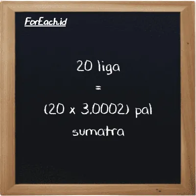 Cara konversi liga ke pal sumatra (lg ke ps): 20 liga (lg) setara dengan 20 dikalikan dengan 3.0002 pal sumatra (ps)