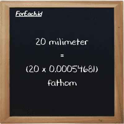 Cara konversi milimeter ke fathom (mm ke ft): 20 milimeter (mm) setara dengan 20 dikalikan dengan 0.00054681 fathom (ft)
