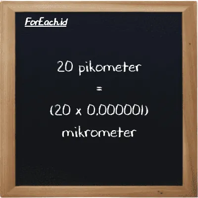 Cara konversi pikometer ke mikrometer (pm ke µm): 20 pikometer (pm) setara dengan 20 dikalikan dengan 0.000001 mikrometer (µm)