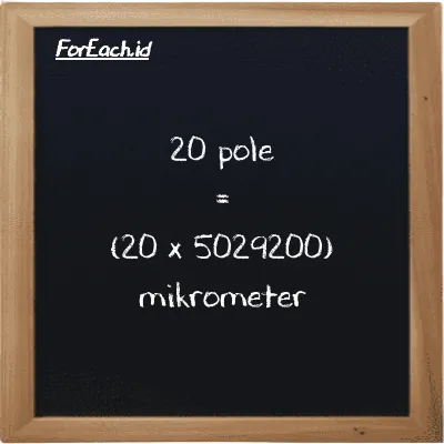 Cara konversi pole ke mikrometer (pl ke µm): 20 pole (pl) setara dengan 20 dikalikan dengan 5029200 mikrometer (µm)