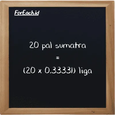 Cara konversi pal sumatra ke liga (ps ke lg): 20 pal sumatra (ps) setara dengan 20 dikalikan dengan 0.33331 liga (lg)
