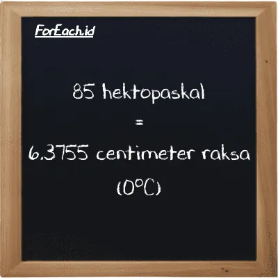 Cara konversi hektopaskal ke centimeter raksa (0<sup>o</sup>C) (hPa ke cmHg): 85 hektopaskal (hPa) setara dengan 85 dikalikan dengan 0.075006 centimeter raksa (0<sup>o</sup>C) (cmHg)