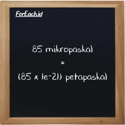 Cara konversi mikropaskal ke petapaskal (µPa ke PPa): 85 mikropaskal (µPa) setara dengan 85 dikalikan dengan 1e-21 petapaskal (PPa)
